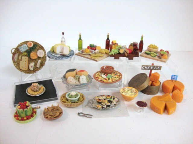 Wine and Cheese Party: Dozens of food items including whole cheeses and numerous party platters including a rather nice array on a flat serving basket 1.75" diameter, lovely cheese balls surrounded by tiny cheese crackers -