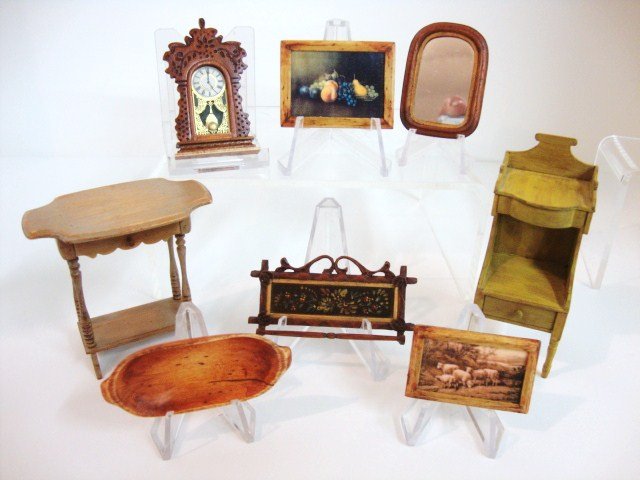 Cindy Malon Washstand and Table: A sweet little painted country Sheraton washstand just over 3" H by Cindy Malon, Victorian spool table and a seven accessories by the artist including a gameboard, two framed pictures, towel bar, Vict