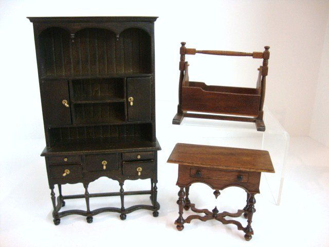 Warren Dick Lowboy and Cradle: Classic William and Mary lowboy 3" L, 2.5" H and swinging cradle, both by Warren Dick, and a commercial open dresser of similar style.