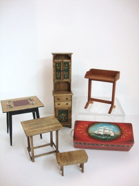 Therese Bahl Painted Sea Chest: Beautifully painted sea chest 3.5" L, 1.25" H and D by Therese Bahl and country furniture by Joanna Scarboro including cupboard 5.5" H, games table, pine table and stool, and a Shaker table signed ABS