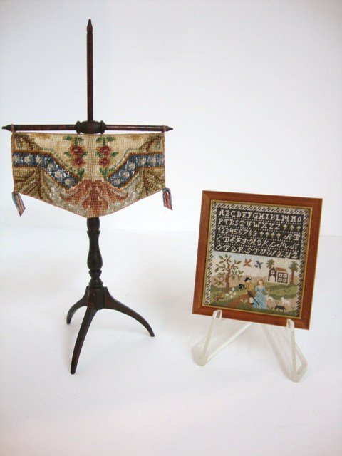 Annelle Ferguson Sampler: Stunning framed colonial petitpoint sampler 2" X 1.75" by Annelle Ferguson and a pole screen made from antique petitpoint by Lucy Iducovich.