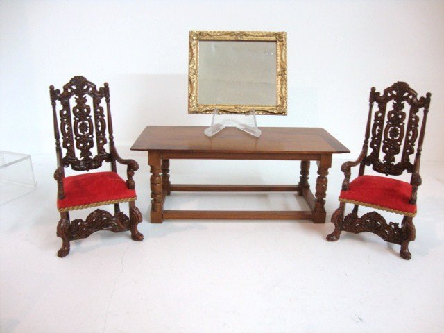 John Hodgson Jacobean Chairs: A pair of elaborately molded armchairs 4.25" H cast from resin by John Hodgson and an Escutcheon refectory table 6" L, 2.25" H. Also a gilt resin mirror, possibly cast by John Hodgson.