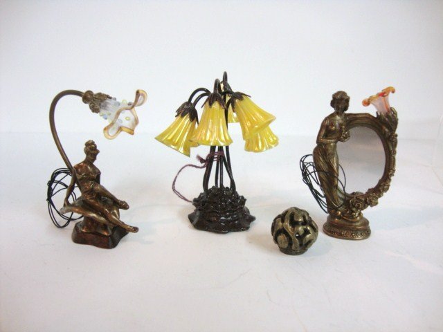 Jim Pounder Art Nouveau Lamps: Two stunning LE electrified sculptural lamps by Jim Pounder including a mirrored example 2" H, a Tiffany style from Sue Kallen (not elec) and a small metal globe lamp