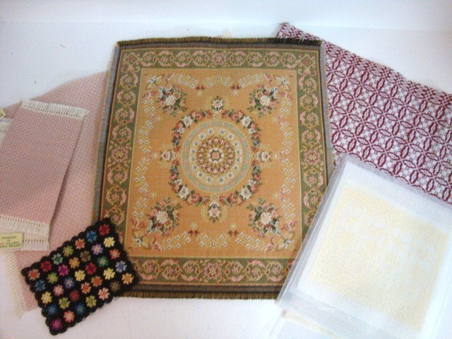 Hand-woven Rugs and Coverlet: Lillian Gaines snowflake overshot coverlet 7.5" X 9.5", four Judith Adams hand-woven rugs, six lace curtain panels from Doreen Sinnett, Linda Driscoll granny square baby blanket and a tapestry Aubusso