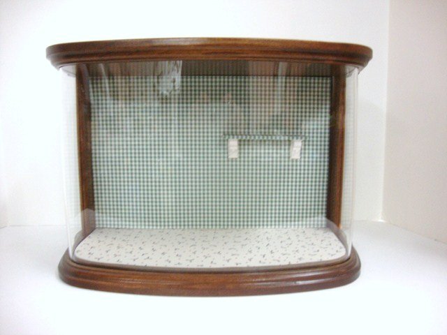 Kitchen Roombox: A rounded kitchen or bathroom display box with wallpapered rear wall and floor, wall shelf, measuring 14.5" L, 10" H and 7" D.