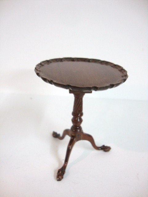 John Hodgson Piecrust Table: Early Hodgson piecrust tilt-top table 2.5" H with nicely carved ball and claw feet on tripod base, signed by the artist '83.