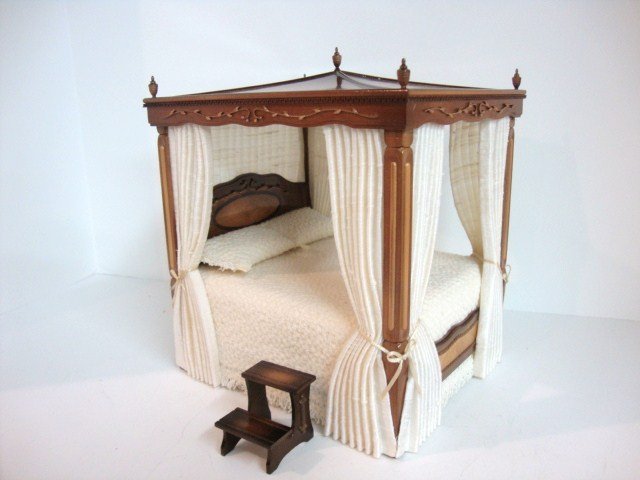 Ferd Sobol Four-poster Canopy Bed: A superb Jacobean four poster bed 8.5" H, 7" L, 6.5" W with inlaid headboard, foliate cornices supporting a finely finished wooden canopy, and beautifully upholstered, with separate bedsteps, by Ferd