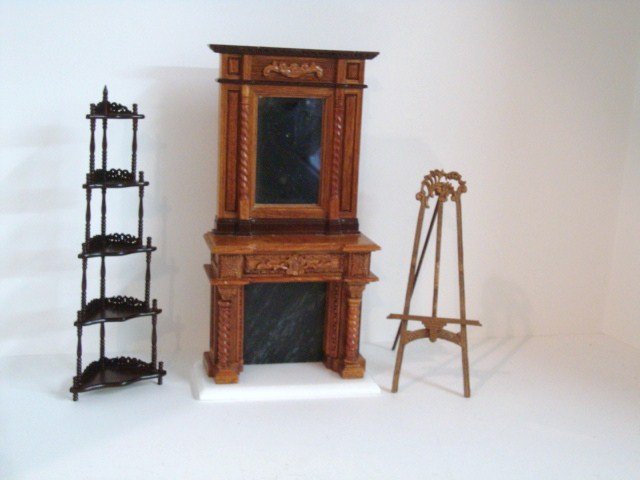 Fantastic Merchandise Signed Fireplace: Signed by Pit Ginsburg, a LE ornate Victorian fireplace with mirrored overmantel 8"H on its separate marble hearth, hardwood with hand-carved details, plus a Bespaq easel and an X-acto five-tiered wha