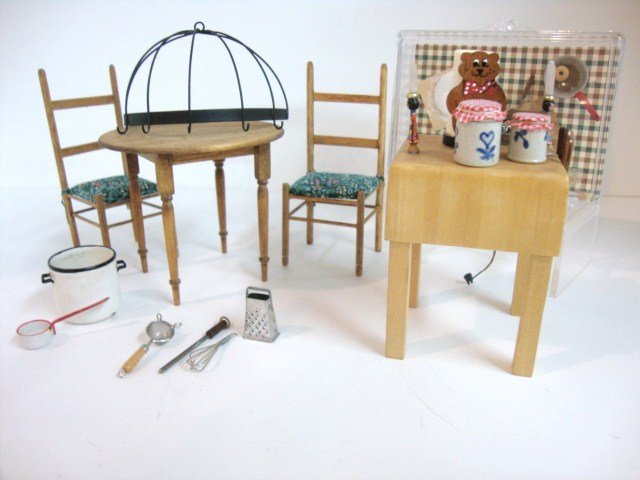 Country Kitchen Items: A round tavern table and pair of ladderback chairs, a realistic butcher's block 2.5" H, enamelware, preserves and other accessories including items by Victor Franco and Mary Carson. Time to make the d