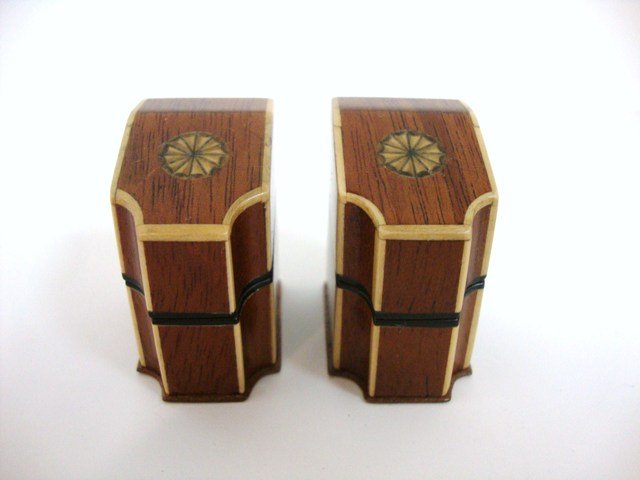 Richard Simms Regency Knife Boxes: A pair of classic inlaid knife boxes 1.5" H made for Charlotte Stott in 1996, filled with flatware.