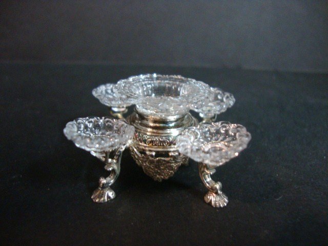 Acquisto Epergne: Peter Acquisto's trademark LE epergne just over 1.5" L with five glass bowls and sold with the fruit set made for it by Lola's Originals.