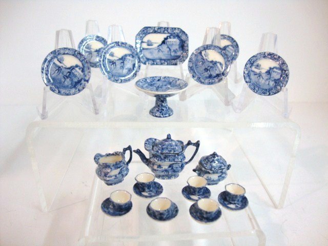 Jean Yingling Staffordshire Dinner Service: Jeam Yingling Beautiful 23 pc blue and white Staffordshire dinner service with meat platter 1.25" L, compote, teapot, creamer, sugar, plates, cups and saucers for six. Charming. Little sidelight, Char