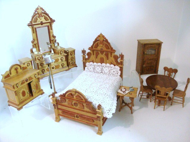 Fantastic Merchandise Oak Furniture: A large assortment of hardwood furniture by Fantastic Merchandise including a Victorian bedroom set with massive Renaissance Revival bed and matching dresser, washstand and nightstands, coat rack and