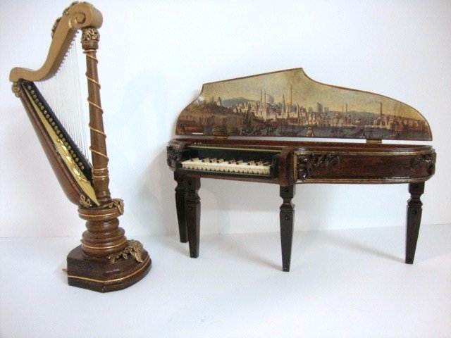 George Becker Harp and Harpsichord: From his "Signature Series" Becker's harp 5.5" H (a repair made with wax, wax residue and scratch) and harpsichord 6" L (some damage to paper under the lid).