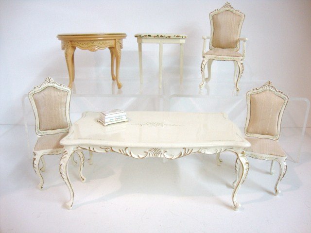 Bespaq Painted Furniture: Bespaq painted dining room table 6" L, 3.5" W, 2.5" H with three matching chairs, a Bespaq jewelry box, a round table and a painted Lynnfield table.