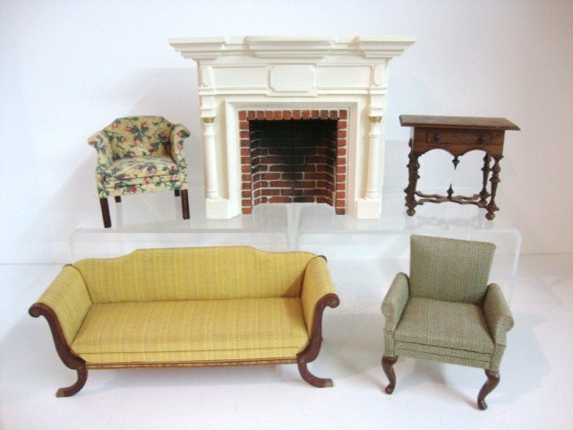 Lynnfield Sofa: Lot of three pieces of Lynnfield/Sonia Messer furniture including an early Empire settee 7" L, two side chairs (one has staining and loose fabric) along with a handsome fireplace by Braxton Payne and 