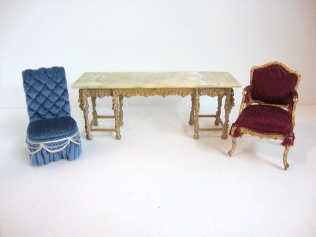 Williamson-Marble Chair: A gilt French armchair by Judee Williamson and Nicole Marble, perhaps upholstered by later owner, a Nic Nichols tufted slipper chair, and a gilt metal console table with faux marble top 9.75" L, 2.5" 