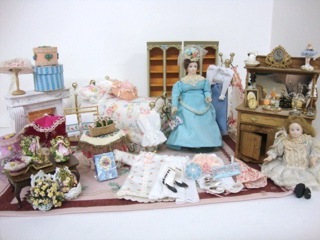 Ladies Victorian Bedroom: Lovely Grouping of Victorian Accessories for a Ladies Bedroom, Pastel Rug, Brass Bed w/iserts, Clothing rack with wonderful dresses, Bisque Dollhouse Doll, many small and delicate Victorian flowers an