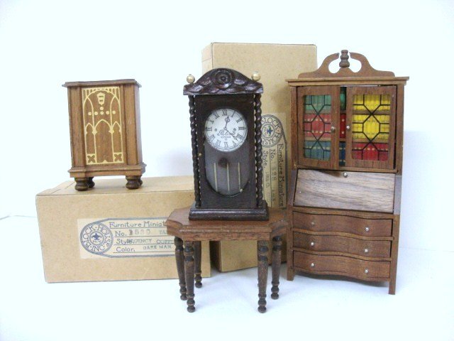 Block House Desk in original Box & Clock: Block House Governor Winthrope Desk in original box, Pillar Clock( Sonia Messer), Two pieces Strombecker, and an extra Block House box