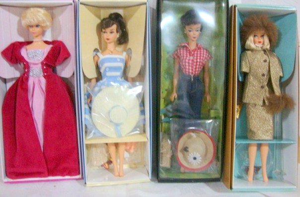 4 Reproduction Barbies: Reproductions of Gold 'n Glamour, Sophisticated Lady, Suburban Shopper and Picnic Set. Alll NRFB