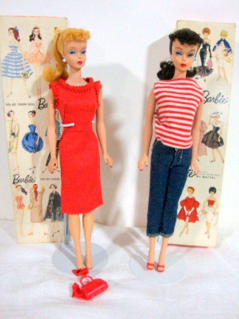 2 Ponytail Barbies with Boxes: Brunette and Blonde, Both Restored, with boxes wearing Jumpin in Jeans and Red Delight