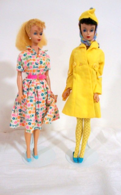 2 Ponytail Barbies: Blonde and Brunette with restoration wearing Barbie Learns to Cook and part of the Searex Exclusive Yellow outfit