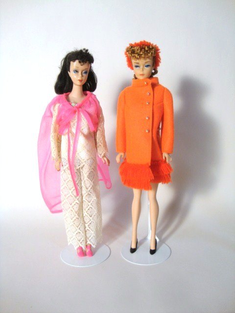 2 Ponytail Barbies: Brunette and Titan Ponytails (Titan FULLY restored, face and rerooted) wearing Lace Caper and Fiery Felt