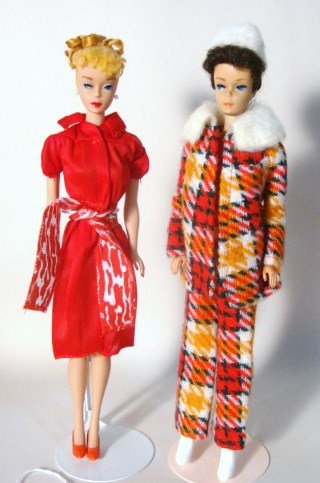 2 Ponytail Barbies: Blonde and Brunette (with restoration) both have trimmed hair, wearing Best Buy 1000 and Perfectly Plaid