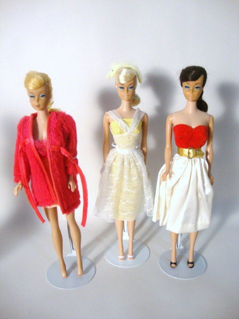 3 Swirl Barbies: 2 Blonde and 1 Brunette Swirl (platinum is a full reroot) with restoration wearing Orange Blossom, Silken Flame