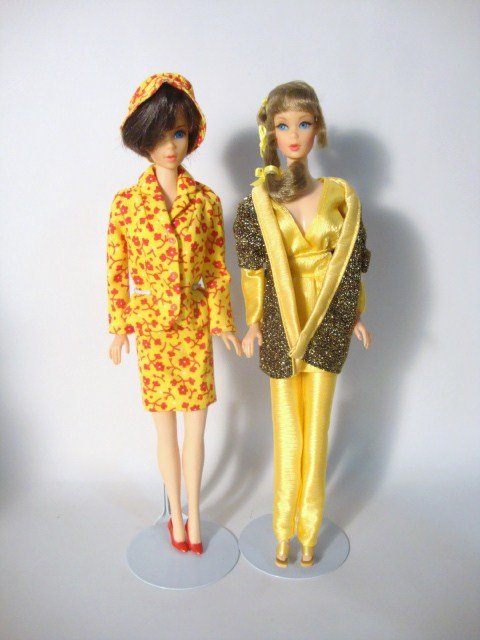 2 TNT Barbies: Brunette Hair Fair and Brunette Talker on TNT body wearing Travel Togethers and 1023