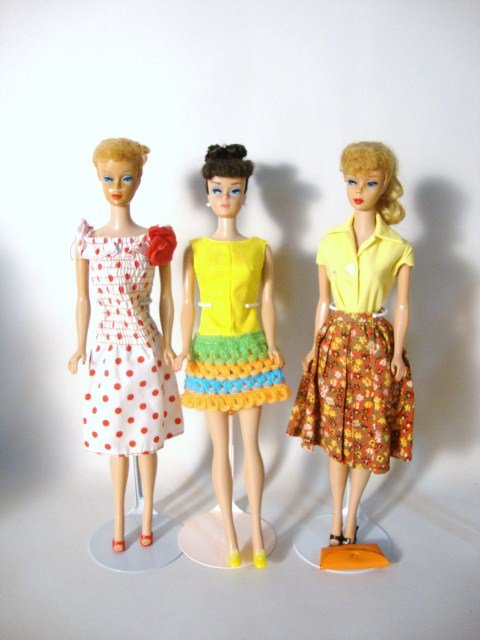 3 Ponytail Barbies: 2 Blonde and A Brunette (all with restoration, 2 have short hair) wearing Country Fair (pak blouse) Loop Scoop and 1454