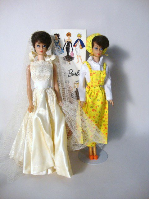 2 Brunette Bubble Cut Barbies: 2 Brunette Bubble Cuts, One with box wearing a custom wedding dress and 9553