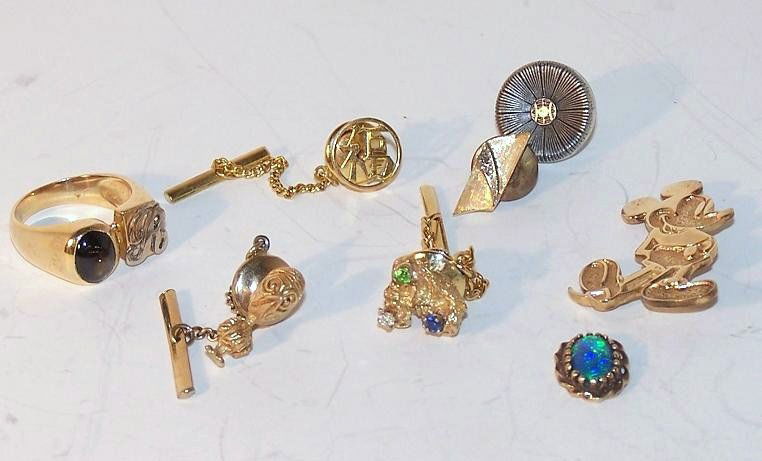 Lot of Gold Items: 4 gold Tie Tacs, 1 Gold Mickey Mouse Pin, 1 Opal pendant (needs bail) and One gold Ring. Total weight 30 grams