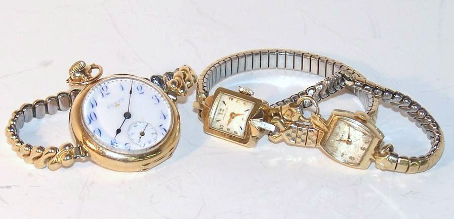 3 Vintage Gold Watches: 3 Vintage Ladies Watches. 14K Gold Cases. Hamilton (runs) Longines, and Elgin. Total weight is 65 grams