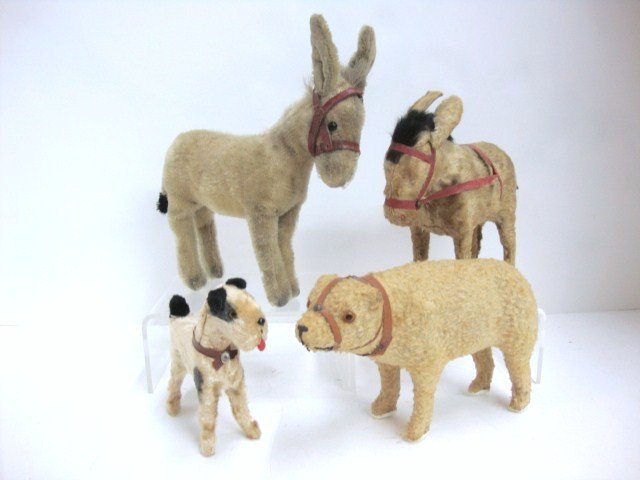 Vintage Animals: One wind-up Donkey, two plush Donkey and Dog, Bear with Glass eyes. 7" tallest