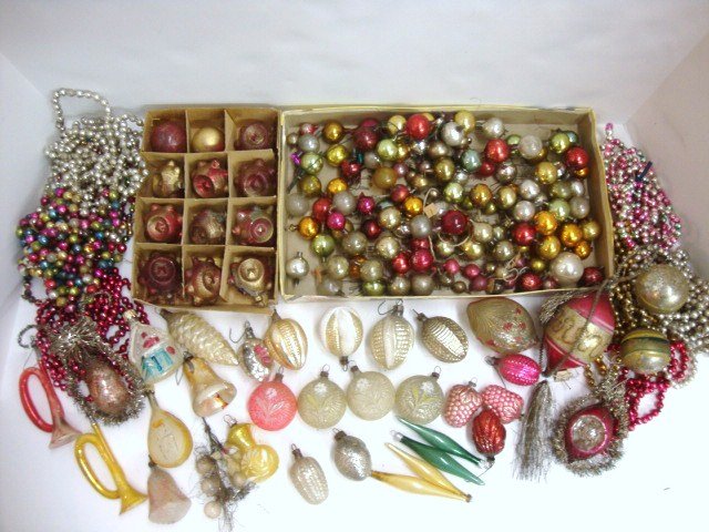 Victorian Christmas Balls & Beads: Two early Victorian Large Beads, plus other smaller beads, Several Tinsel Balls, lot of early shapes and forms. This is a very early grouping. Over 50 or more pieces.