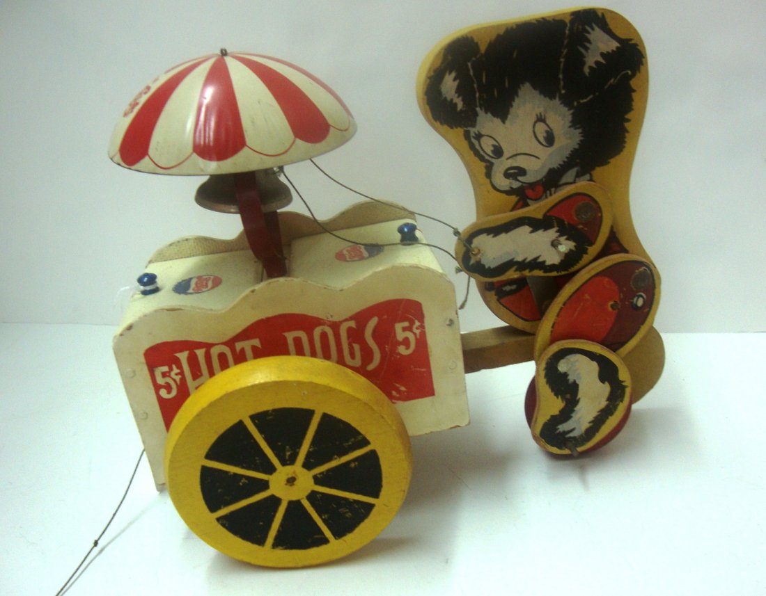 Wooden Pepsi Hot Dog Cart: Bear pushing cart 11" (l), tin canopy w/bell