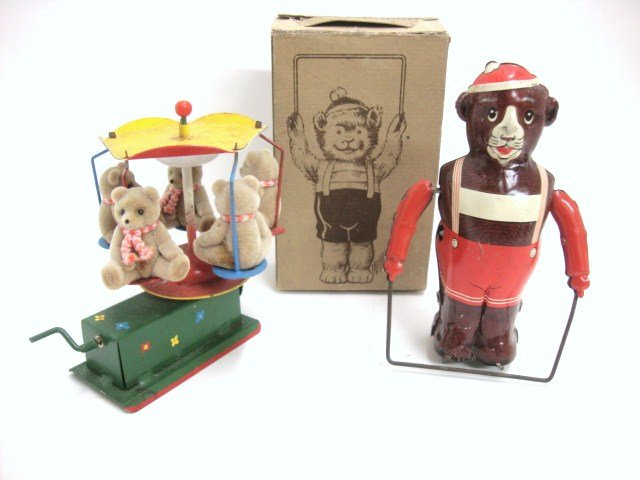 Tin Wind-up Toy Bear and Merry-go-round: "Wounder Tedd" 4 1/2" (h) in O/B German, Hand crank bear Ferris wheel - German 3 1/2" (h)
