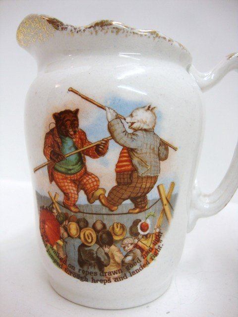 Buffalo Pottery Child's Creamer: Two creamers, Buffalo Pottery, car & tightrope Walkers 3 1/2" (t)