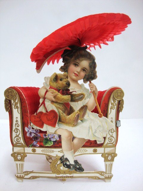 Teddy Bear Valentine Card: Card showing girl holding umbrella & teddy bear sitting on couch 8" (h)