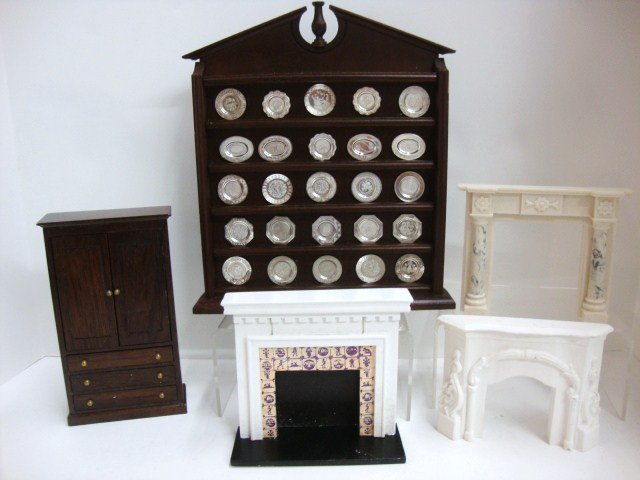 Dollhouse Fireplaces and Furniture: Three Dollhouse Fireplaces, 2 marble style, one wood, linen press, pewter cupboard ( Franklin Mint ), all commercial made 10" largest