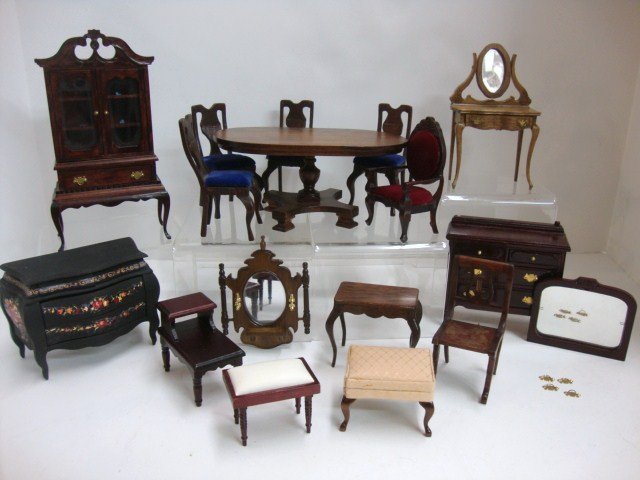 Contemporary Dollhouse Furniture: Table, Bombe` Chest, Chairs, Vanity, Mirror and more 15 pcs. 7 1/4" tallest