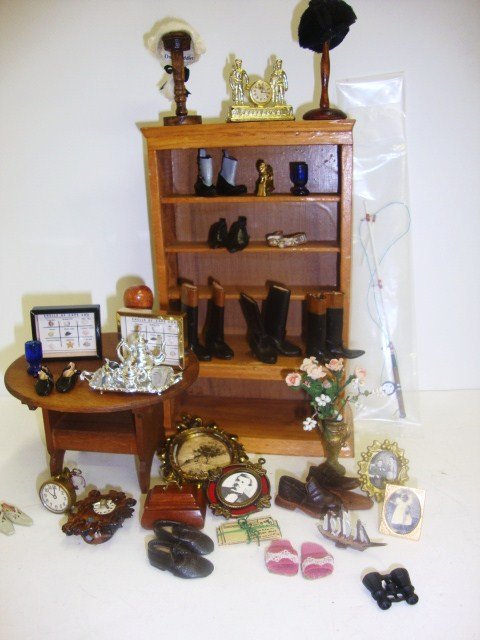 Shoe Shop Miniatures: Grouping of Artist Doll Cobbler Shoes, hats with wooden stands, photos & accessories, fancy frames, over 40 pcs., silverplate, clocks, etc.