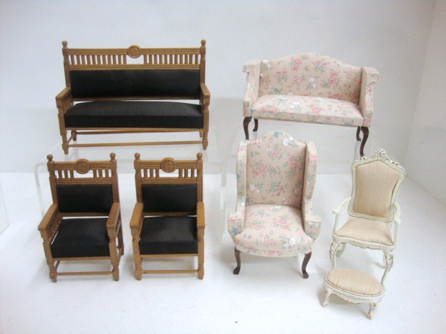 Bespaq Furniture: Three pieces Eastlake Palor set , 3 1/2", together w/Bespaq painted arm chair & settee & wing chair, stool