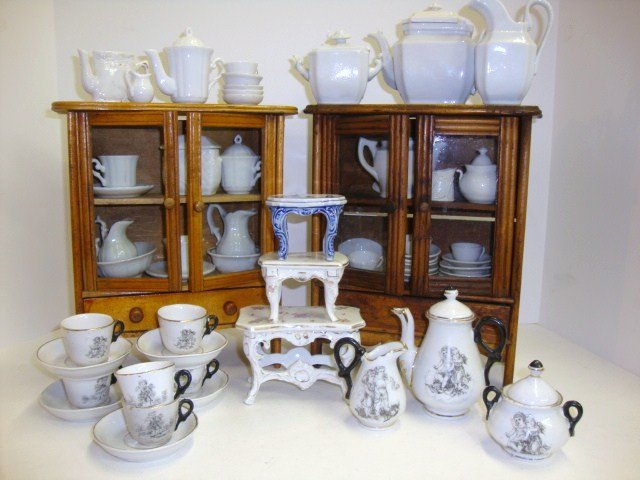 Ironstone Doll Dishes and Cupboard: Two Doll Cupboards, filled w/Ironstone dishes, all separate pieces, another early doll dish set , full set, black & white w/children 13 pcs., Ironstone collection 10 1/2"