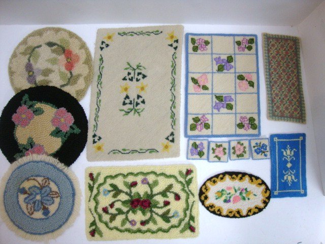 Dollhouse Carpets: Grouping of Dollhouse Carpets, Hooked rugs and Needlepoint rugs, 9 x 6" Largest 9 pcs.
