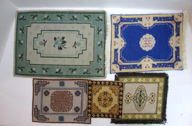 Dollhouse Carpets: Needlepoint Rugs, Five Needlepoint Rugs, one is machine made , most are handmade. 13 x 9 1/2" largest. All colors