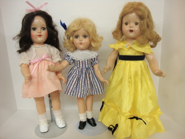 Toni, Princess Elizabeth, and R&B: Ideal Toni P-91, with original dress, Black hair, Madam Alexander Princess Elizabeth, Composition w/great dress, and composition R & B. Tallest 16"