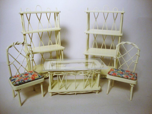 Robert Bernhard Wicker: Dolphin Originals, Robert Bernhard Wicker: Two Shelves 6", Two Floral Seated Chairs, and Table with Plexiglass top.