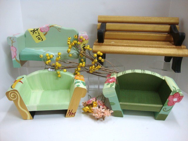 Contemporary Oriental Sofa & Settee: All bought at Nordstrom Department Store made by Isabelle three Wodden Settees with an oriental flare 9 x 10" largest, together with Gold Painted Park Bench 7 x 12", two signed Poupees isabelle 1999,